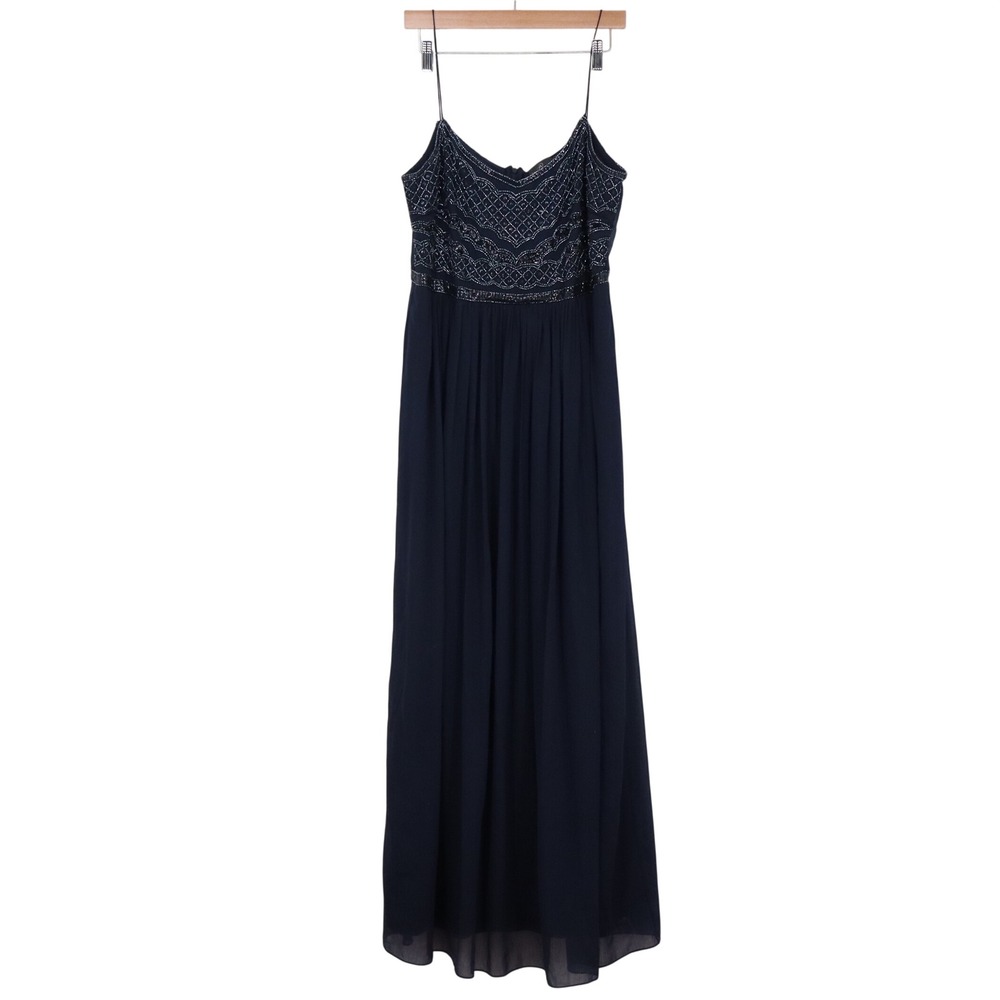 Adrianna Papell Maxi Dress Womens 14 Gown Navy Blue Beaded Sequin Excellent